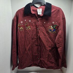 Red Checkered Shirt with Holiday Embroidery